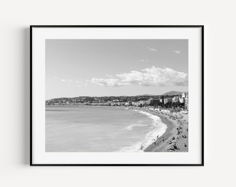 Nice France Travel Print, Black and White Beach Photography, Cote d'Azur Wall Decor South of France Poster, Coastal Wall Art for Living Room