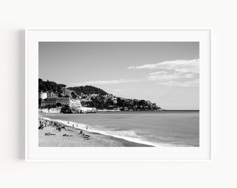 Black and White Beach Print, South of France, French Riviera, Cote D'Azur Travel Photography, Nice France Coastal Wall Art for Beach House