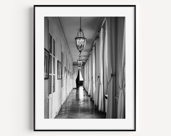 Black and White Palace of Versailles Print, Grand Trianon Hallway, Paris Travel Photography, Minimalist Wall Art, French Wall Decor for Home