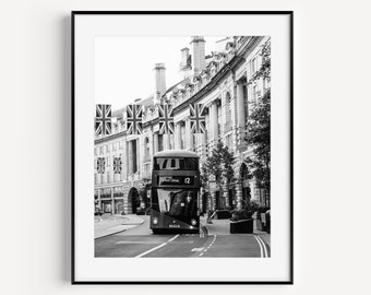 London Double Decker Bus, Regent Street Union Jack, London Transport Poster, Black and White London Photography for Office of Gallery Wall