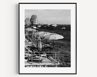 Black and Beach Umbrellas Capri Amalfi Coast, La Canzone del Mare Marina Piccola, Italy Travel Photography, Coastal Wall Art for Beach House