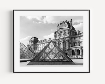 Black and White Paris Print, Louvre Museum, France Photography, Architecture Wall Art, Europe Travel Poster, Large Over Couch Wall Decor