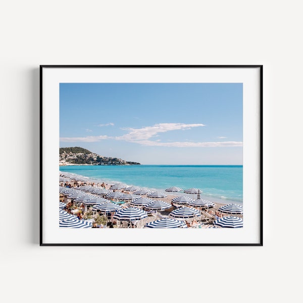 Blue and White Stripe Beach Umbrella Print, French Riviera, Nice France, Cote D'Azur Travel Photography, Aerial Beach Wall Art, Wall Decor