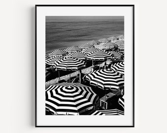 Black and White Stripe Beach Umbrella Print, French Riviera, Nice France, Cote D'Azur, Beach Travel Photography, Wall Art for Beach House