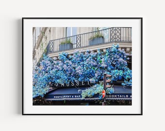 French Cafe Print, La Musset Parisian Cafe, Blue Floral Cafe, Paris Travel Photography, French Restaurant Wall Decor for Kitchen Wall Art