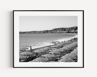 Black and White Stripe Beach Umbrella Print, French Riviera, Nice France, Aerial Beach Art, Cote D'Azur, Beach Photography, Beach Wall Decor