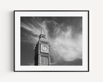 Black and White London Photography, Big Ben Poster, European Travel, British Home Decor, Large Wall Art, Minimalist Wall Decor for Office