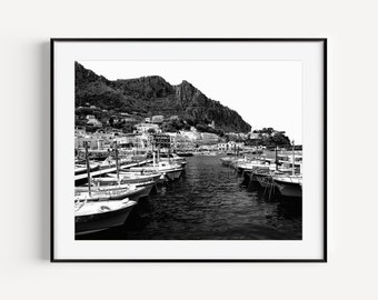 Amalfi Coast Art, Capri Italy, Black and White Boat Print, Nautical Decor, Travel Photography, Boat Marina, Coastal Wall Art for Living Room