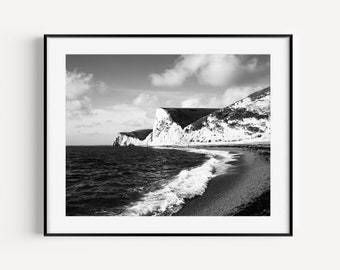 Black and White Coastal Print, Ocean Wall Art, Neutral Beach Travel Photography, Jurassic Coast Cliff, Minimalist Wall Decor for Beach House