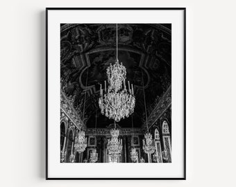 Lámparas de araña del Palacio de Versalles, Galería de los Espejos, Fotografía de viajes de París en blanco y negro, Decoración de pared glamurosa, Arte mural femenino para el dormitorio