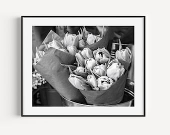 Black and White Flower Market Print, Tulips, Flower Wall Art, Botanical Art, Flower Photography, Floral Nursery Wall Decor, Girly Wall Art