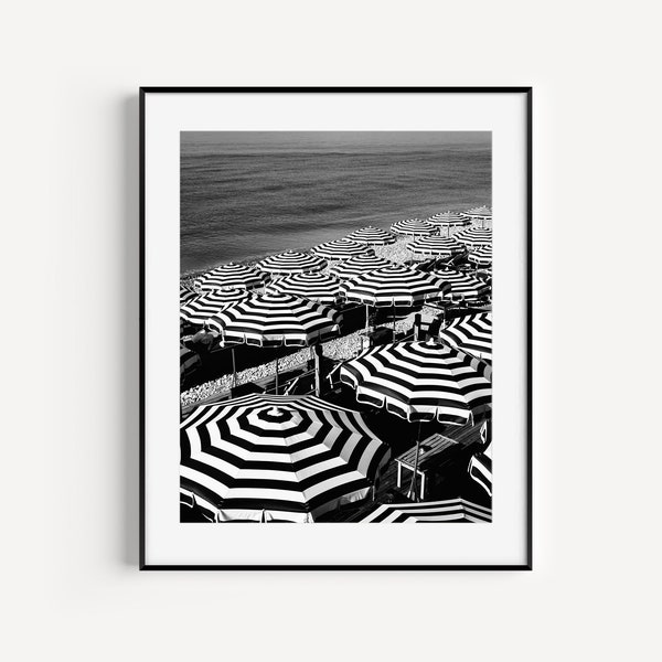 Black and White Stripe Beach Umbrella Print, French Riviera, Nice France, Cote D'Azur, Beach Travel Photography, Wall Art for Beach House