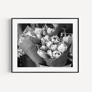 Black and White Flower Market Print, Tulips, Flower Wall Art, Botanical Art, Flower Photography, Floral Nursery Wall Decor, Girly Wall Art image 1