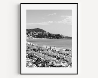 Black and White Beach Umbrella Print, French Riviera, Nice France, Cote D'Azur, Beach Travel Photography, Coastal Wall Art for Beach House