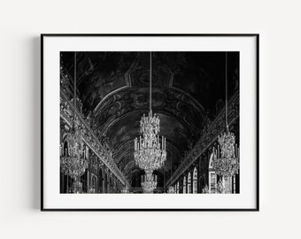 Palace of Versailles Hall of Mirrors, Versailles Chandeliers, Glam Wall Decor, Paris France Art Print, Black and White Paris Photography