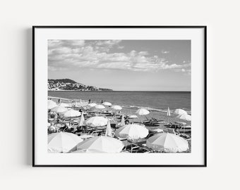 Black and White Beach Umbrella, French Riviera Aerial Beach Print, Cote D'Azur Neutral Beach Photography, Coastal Wall Decor for Living Room
