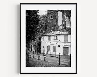 Montmartre La Maison Rose French Cafe, Black and White Paris Travel Photography, Paris Street Scene, Wall Art for Living Room or Bedroom