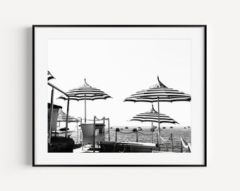 Black and White Stripe Beach Umbrella Print, Amalfi Coast Positano Italy, Italian Beach Print, Travel Photography, Wall Art for Beach House