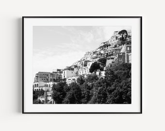 Positano Cliffs, Italy Print, Black and White Amalfi Coast Print, Italian Architecture, Travel Photography, Large Wall Art for Living Room