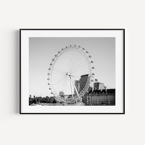 Black and White London Eye Ferris Wheel, London Photography, Ferris Wheel Print, Large Wall Art, England Travel Poster, British Wall Decor image 1