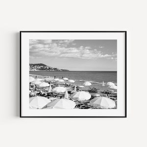 Black and White Beach Umbrella, French Riviera Aerial Beach Print, Cote D'Azur Neutral Beach Photography, Coastal Wall Decor for Living Room image 1