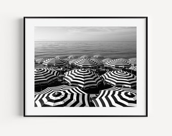 Black and White Stripe Beach Umbrella Print, French Riviera, Nice France Cote D'Azur, Beach Travel Photography, Wall Art for Beach House