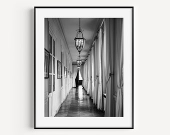 Black and White Palace of Versailles Grand Trianon Hallway Wall Art, Paris Photography, French Wall Decor, Minimalist Print for Gallery Wall