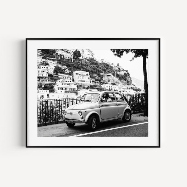 Côte amalfitaine en téléchargement numérique, voiture italienne noir et blanc imprimable, photographie de voyage sur la Riviera italienne, décoration murale Italie pour salon