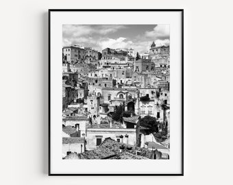 Matera Italy Print European Village, Black and White Travel Photography, Mediterranean Wall Decor, Large Minimalist Wall Art for Living Room