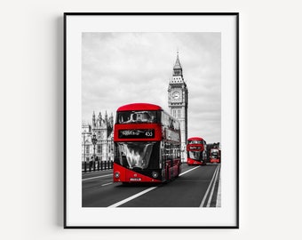 Red Double Decker Bus Wall Art, Big Ben Westminster Wall Decor, Black and White London Travel Photography, London Bus Print for Office