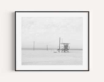 Lifeguard Tower Print, Black and White Beach Photography, Coastal Wall Decor, Ocean Poster, Surf Print, Neutral Beach Art for Living Room