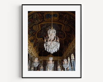 Lámina de araña de cristal, Salón de los Espejos del Palacio de Versalles, Fotografía de París, Decoración francesa para el hogar, Arte mural glamuroso
