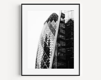 London Architecture Print, Gherkin Building, Black and White London Photography, Europe Travel Poster, Minimalist Wall Art Office Wall Decor