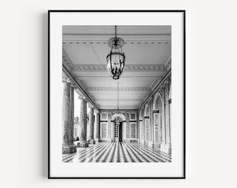 Black and White Palace of Versailles Print, Grand Trianon Hallway, Paris Photography, French Home Decor, Minimalist Wall Art for Living Room