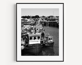 Black and White Boat Print, Coastal Wall Decor, Beach Travel Photography, Whitstable UK England, Nautical Wall Art for Beach House