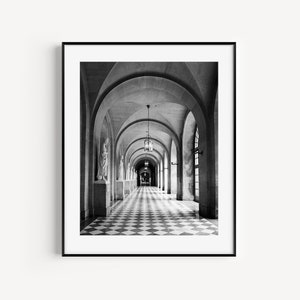 Palace of Versailles Print, Paris Travel Poster, Black and White French Photography, Large Wall Art, Versailles Hallway Photo