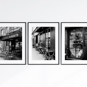Paris Cafe Print Set, Set of 3 Paris Photography Prints, Restaurant Wall Decor, Black and White Wall Art for Modern Kitchen or Dining Room