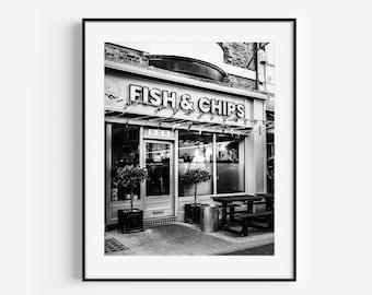 English Fish and Chips Restaurant, Black and White Restaurant Photography, Kitchen Wall Decor, British Wall Art for Kitchen or Dining Room