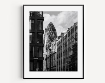 Black and White London Photography, Gherkin Building, Architecture Print, Europe Travel Poster, Minimalist Wall Art, Office Wall Decor