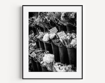 Black and White Parisian Flower Market, Flower Wall Art, Botanical Art, Flower Photography, Floral Nursery Wall Decor, Girly Wall Art