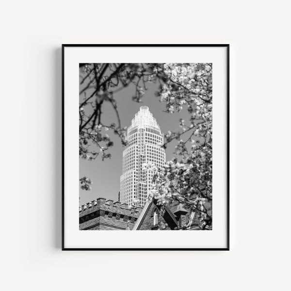 Impression noir et blanc de la ligne d'horizon de Charlotte NC, photographie de voyage de printemps de Charlotte en Caroline du Nord, art mural paysage urbain pour bureau ou salon