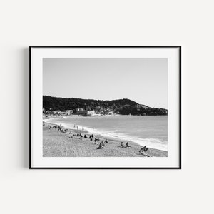 Impresión de playa en blanco y negro, Niza, Francia, arte mural costero del sur de Francia, fotografía de viajes de la Riviera Francesa y la Costa Azul, arte de playa neutro