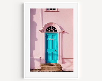 Pink Door Print, Girly Pink and Teal Wall Art, Travel Photography, Lyme Regis England, Colorful Door, Dorm Room Wall Decor for Girls Room,