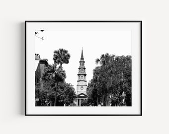 Black and White St. Philip's Church Charleston SC Photography, Charleston Battery, Travel Photography, Wall Decor for Living Room or Office