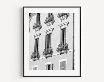 Black and White French Balcony Print, Côte d'Azur Architecture Print, Nice France Travel Photography Minimalist Art for Gallery Wall