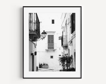 European Alleyway Print, Black and White European Village, Puglia Italy Travel Photography, Minimalist Wall Art for Living Room or Office