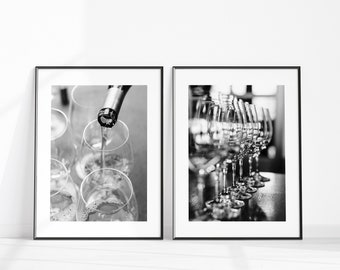 Black and White Wine Print Set, Napa Travel Photography, Wine Glass Wall Decor, Bar Cart Art Alcohol Poster for Dining Room and Kitchen Wall