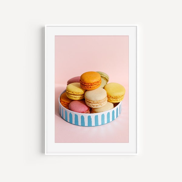 French Macarons, Paris Cafe Kitchen Wall Art, Pastel Macarons Food Photography, Girly Wall Decor, French Home Decor, Dessert Poster