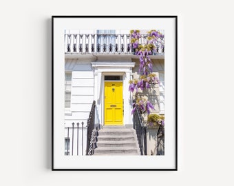 Notting Hill in Spring, London Wisteria Photography, Yellow Front Door Photo, Europe Doorways Poster, Pastel Wall Art, London Travel Gift