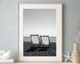 Black and White Beach Print, Beach Chair Photo, Coastal Wall Decor, Neutral Beach House Decor, Beach Cottage Wall Art, Large Summer Wall Art